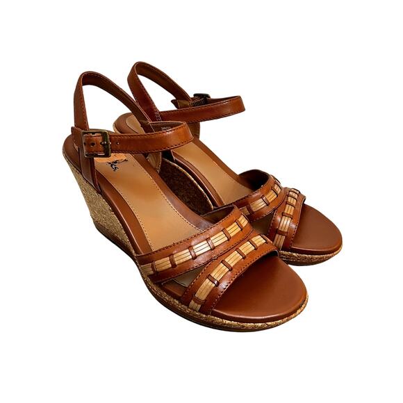 Clarks Pitch Cocoa Wedge Sandal Womens Size 9M Tan Leather Platform Comfort Shoe - Picture 1 of 9